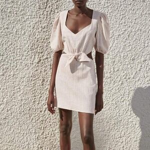 NEW Zara Linen Blend Cut Out Check Mini Dress Size S White Tie Puff Sleeve Sweet